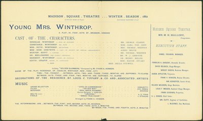 Teatro di Madison Square, stagione invernale 1882-83, programma per Young Mrs. Winthrop. [interno], 1882 da American School